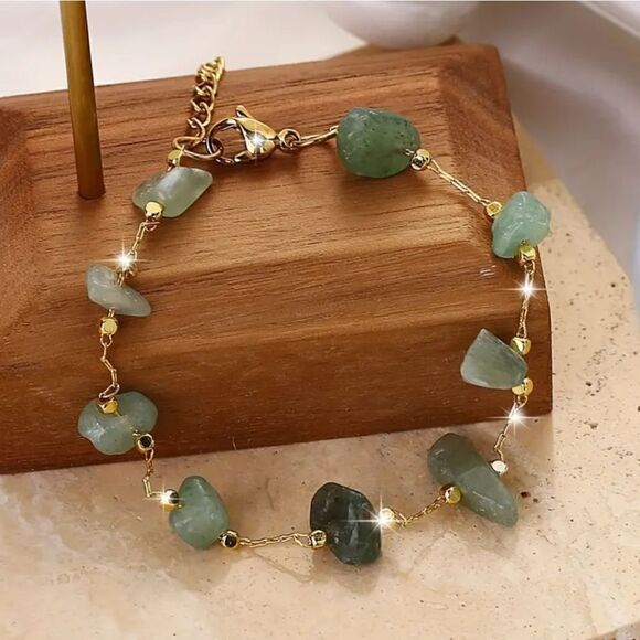 Green Natural Stone Beads Thin Chain Bohemian Style Handcrafted Chain Bracelet - Picture 1 of 6
